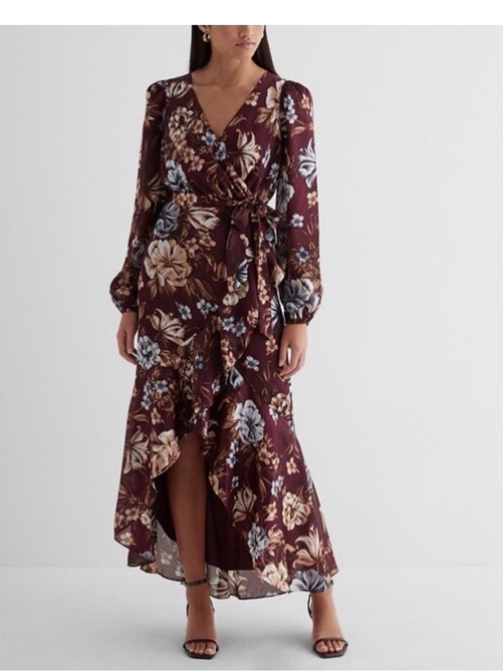 Express Burgundy Floral High-Low Wrap Dress